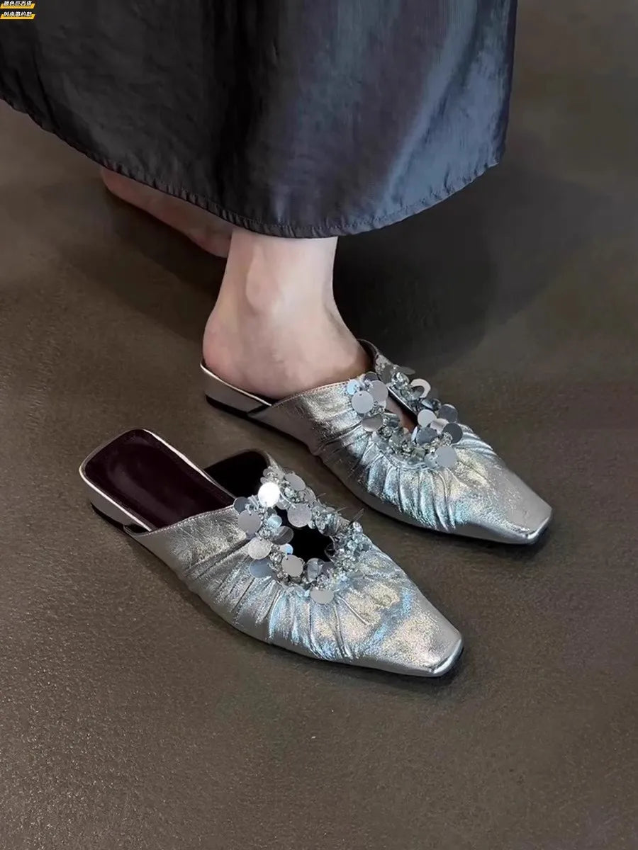Women Mules Shoes Bling Flats Square Toe Slippers Elegant New 2025 Summer Sandals Dress Party Luxury Woman Slingback Shoes Mujer