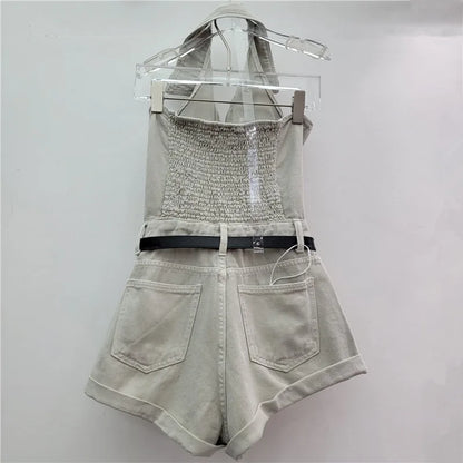 Sexy Blue Lapel Deep V Zipper Jumpsuit For Women Sleeveless Backless High Waist Hemmed Shorts Leisure Party Club Denim Jumpsuit
