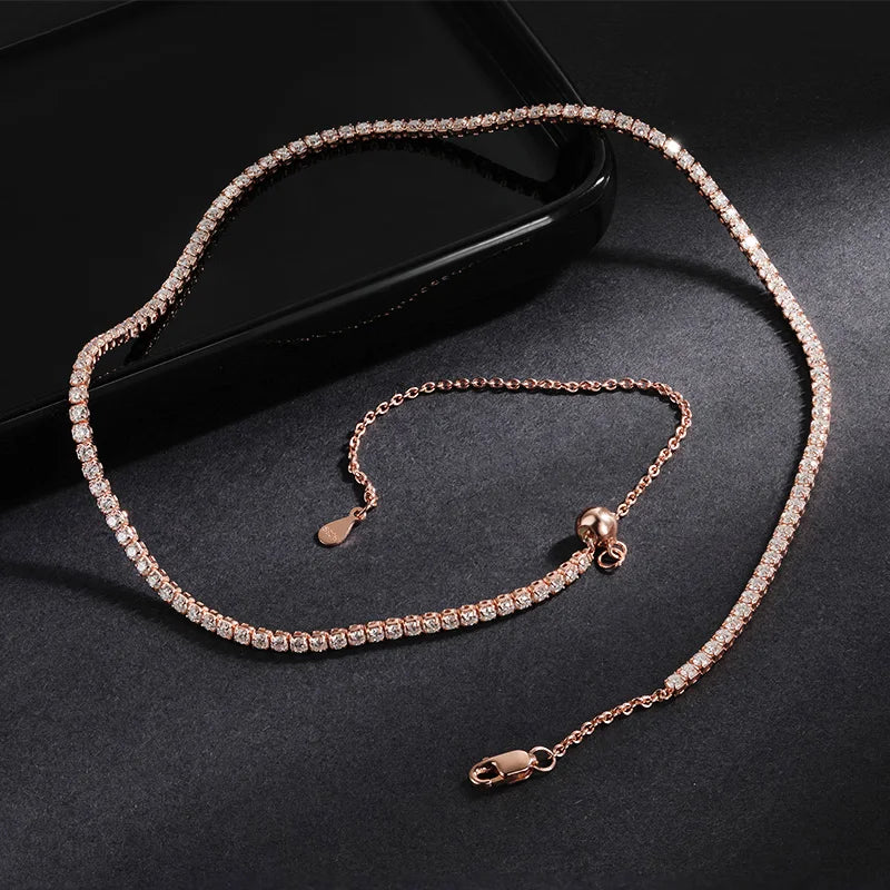 EWYA Adjustable Full 2mm 0.03CT D Color Moissanite Tennis Necklace for Women 925 Silver Plated 18K Gold Choker Neck Chain Gift
