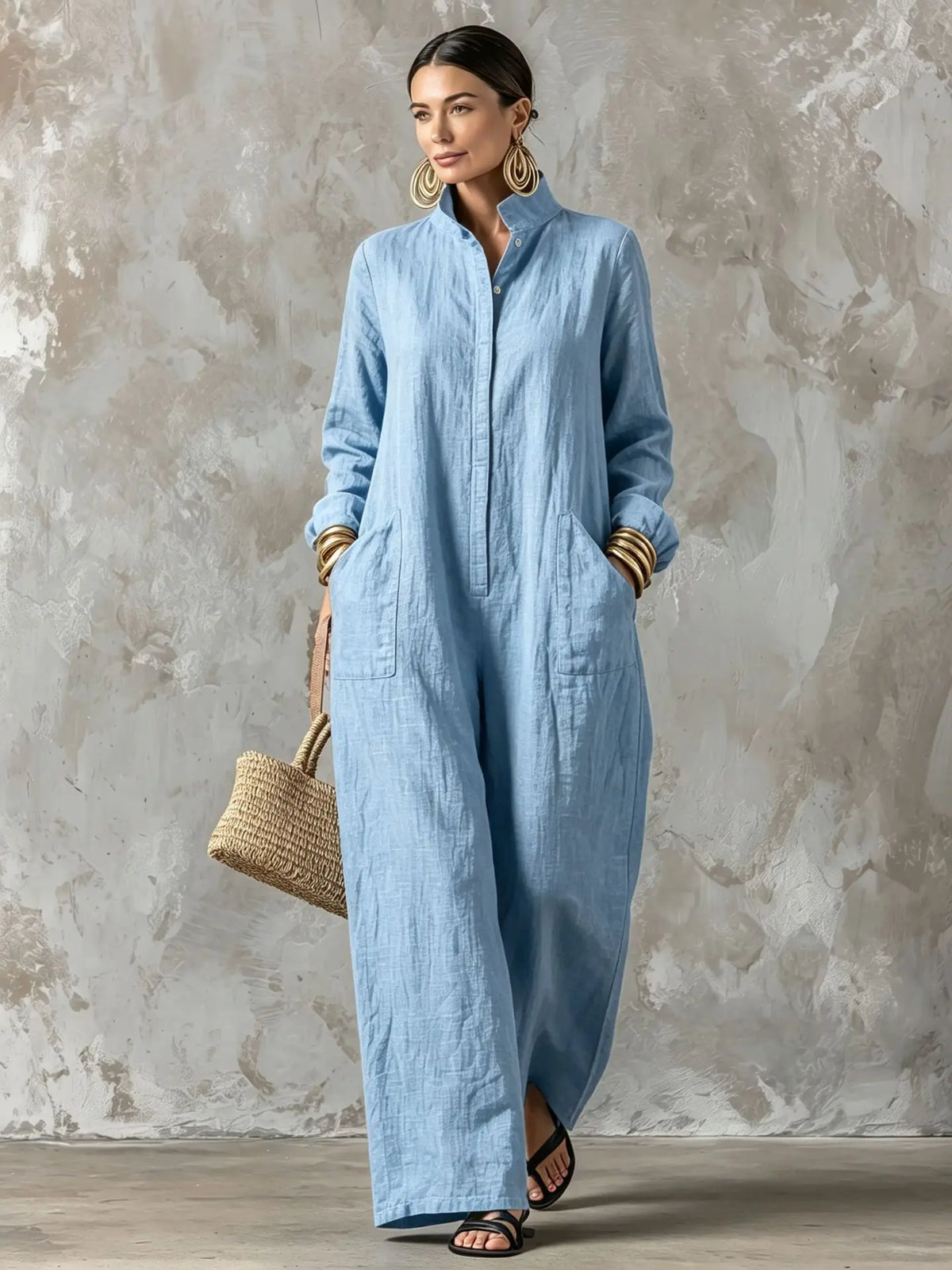Women's Spring Autumn Long Sleeved Jumpsuit With Pockets Simple Solid Button Half Open Design Loose Jumpsuits Ladies Casual Wear