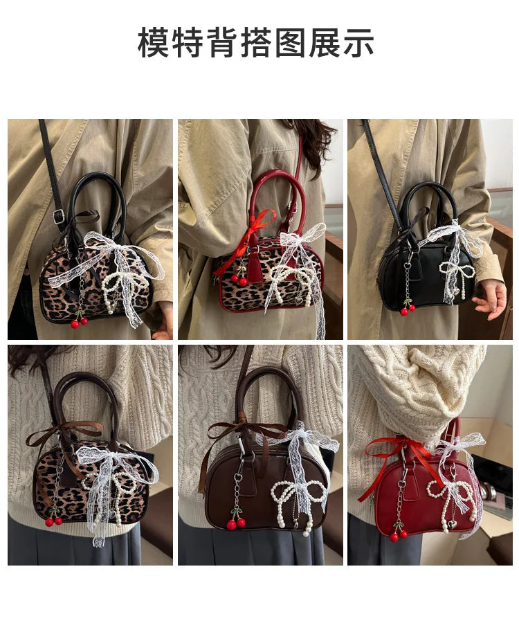 Vintage Leopard Pu Shoulder Bags for Women Portable Trendy Ladies Crossbody Bag Lace Pearl Pendant Female Bowling Handbags