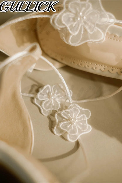Bridal Blossom Air Mesh Heeled Sandals Shallow Lace Up Wedding Elegant High Heels Pointy Toe White Women Luxury Flower New Shoes