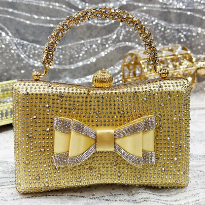 Elegant Gold Satin Rhinestone Bow Slingback Heel & Clutch Bag Set, Women Bridal Matching Kit For Wedding Party Evening Prom Form