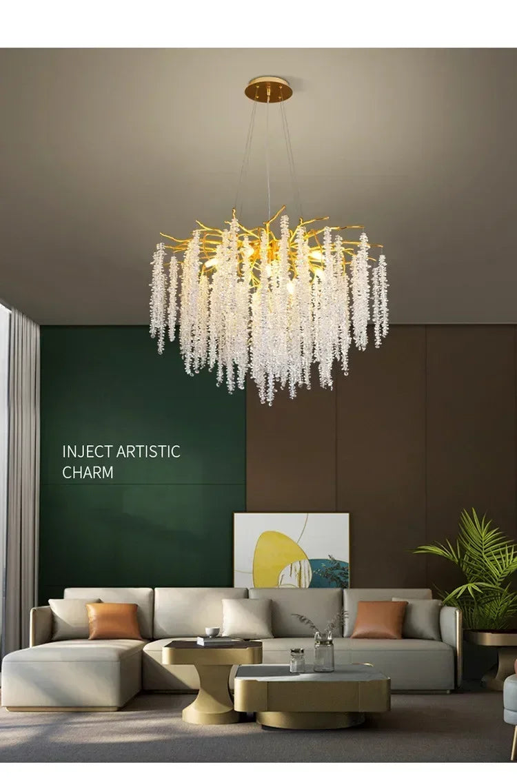 Modern Luxury Gold Branch Tassel Crystal LED Pendant Light Dining Room Living Room Indoor Home Decoration Atmosphere Fixtures