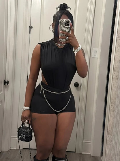 Weird Puss Coquette Women Playsuit Sleeveless Hipster Sexy Ruched Shoulder Side Split Solid Stretch Midnight Clubwear Romper