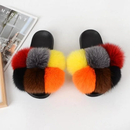 Natural Fox Fur Slippers, Fashionable Outdoor Multi-Color Animal Hair Slippers, Women's Gifts, Soft EVA Sole Slippers, On Trend