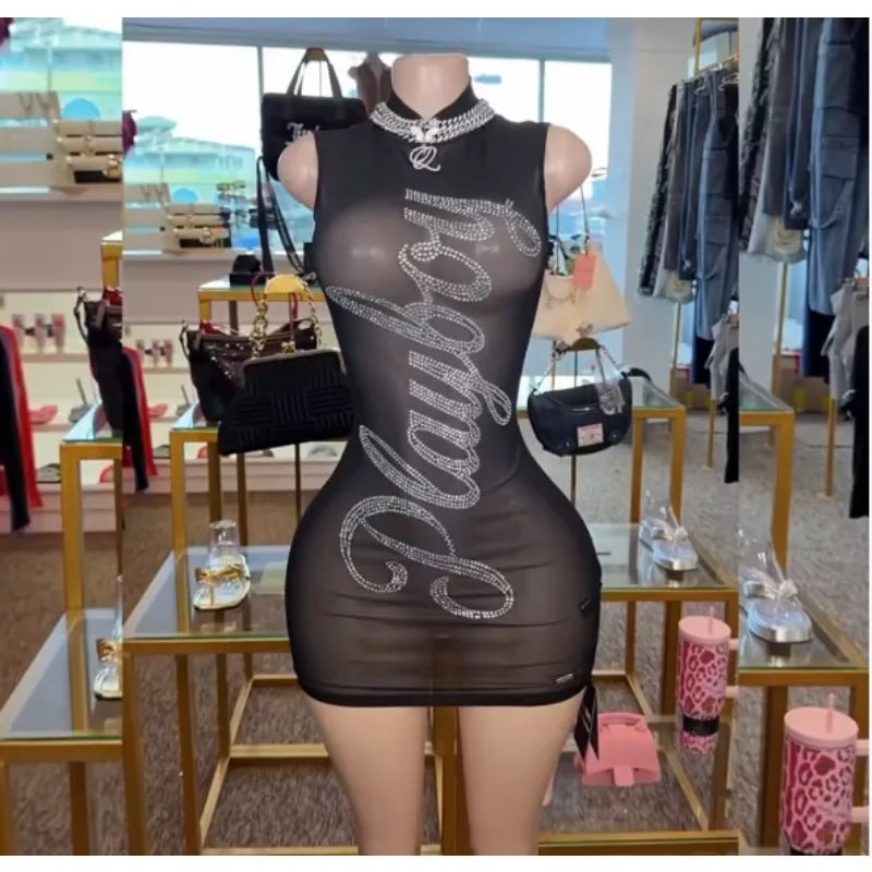 Chic Y2K Graphic Bodycon Dress for Women Funny Printed Rivet Trim Sleeveless Mini Tank Dress 2026 Summer Trendy Party & Clubwear
