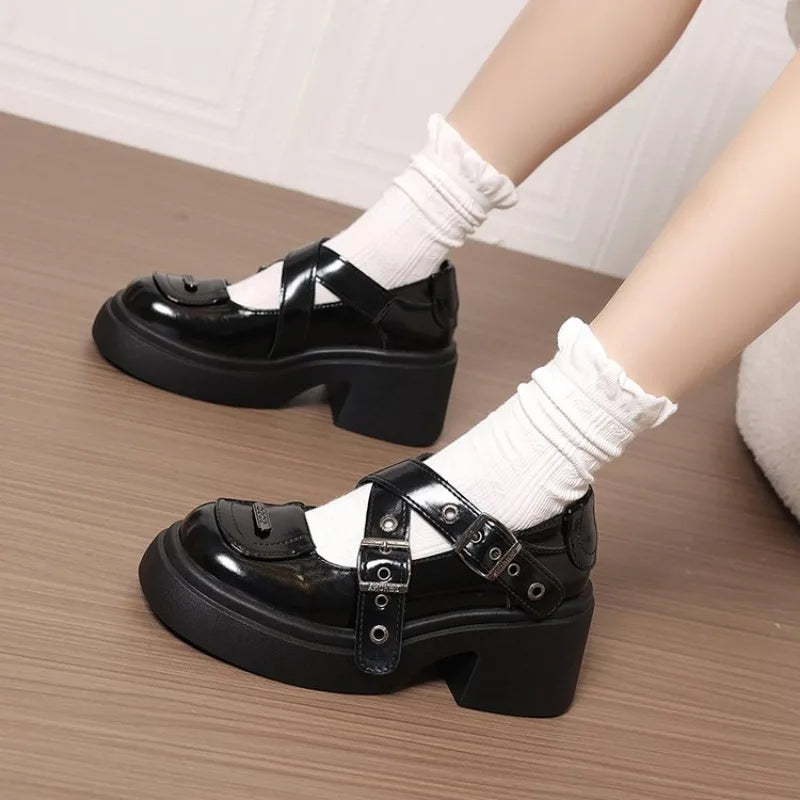 Mary Jane Shoes 2026 New Punk Metal Block Heel Platform Women's Shallow Mouth Buckle Single Shoes