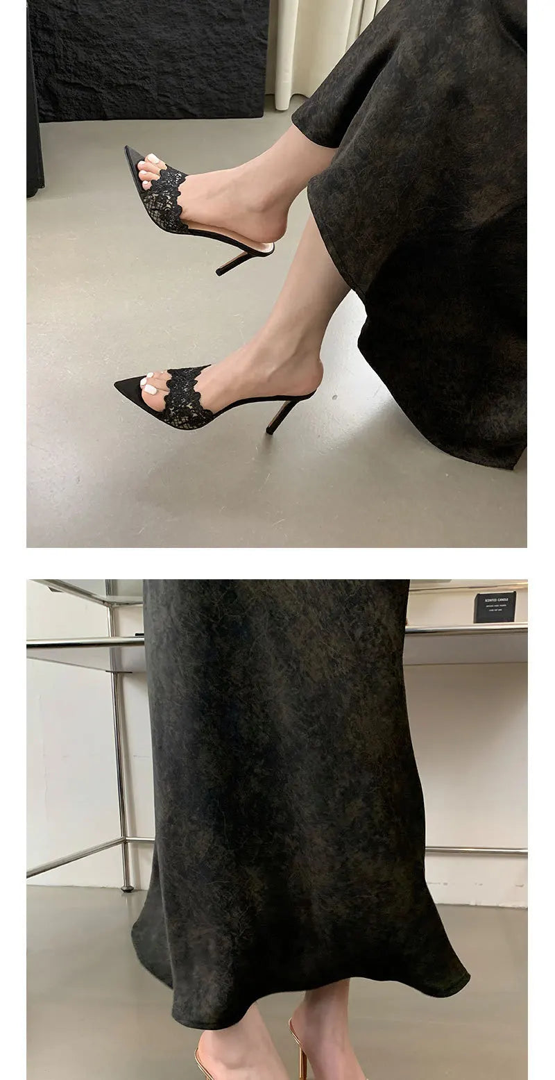 Luxury Lace Crochet Mule Slipper Woman Brand Design Point Toe High Heel Slide Sandal Ladies Elegant Evening Party Stiletto Shoes