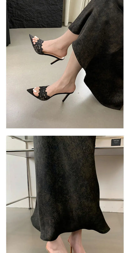 Luxury Lace Crochet Mule Slipper Woman Brand Design Point Toe High Heel Slide Sandal Ladies Elegant Evening Party Stiletto Shoes