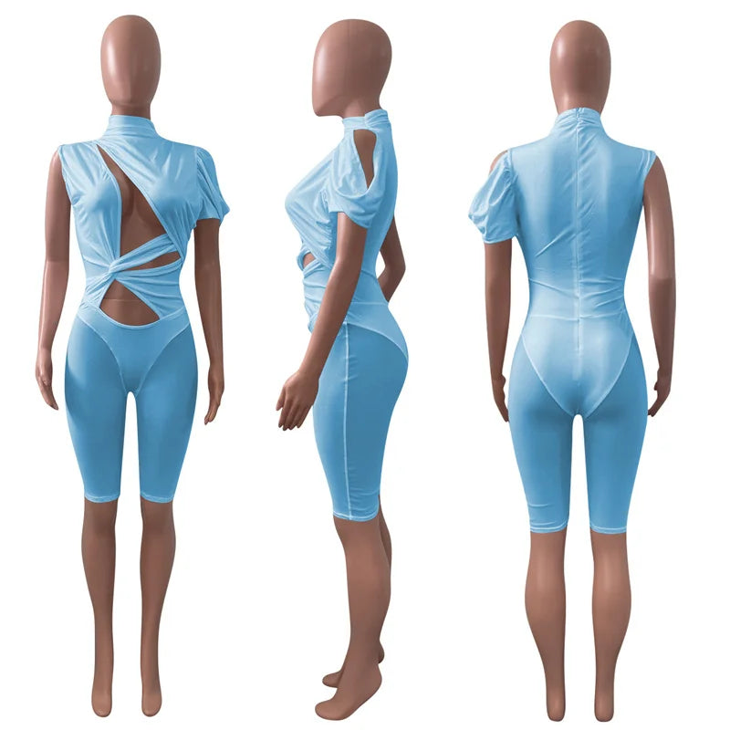Sexy Mesh Patchwork See Through Skinny Playsuit Women One Shoulder Draped Hollow Out One Piece Rompers Party Club Jumpsuit Short