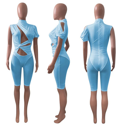 Sexy Mesh Patchwork See Through Skinny Playsuit Women One Shoulder Draped Hollow Out One Piece Rompers Party Club Jumpsuit Short