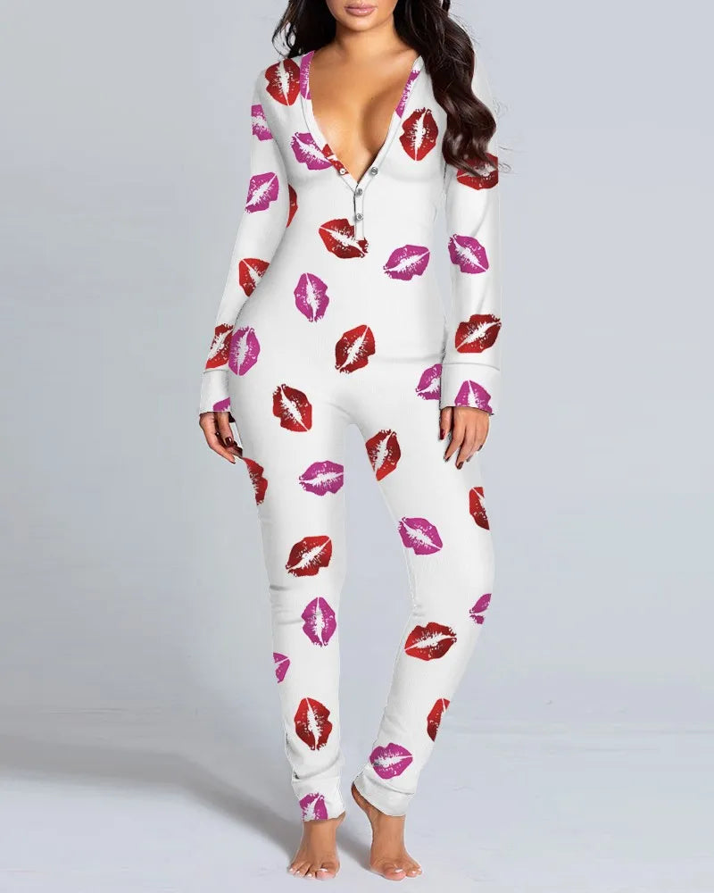 Sexy Pyjama Women's Long Sleeves Homewear Suit Button-Down Front Back Butt Bum Open Ass Flap Jumpsuit Loungewear Christmas Print