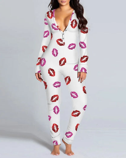 Sexy Pyjama Women's Long Sleeves Homewear Suit Button-Down Front Back Butt Bum Open Ass Flap Jumpsuit Loungewear Christmas Print