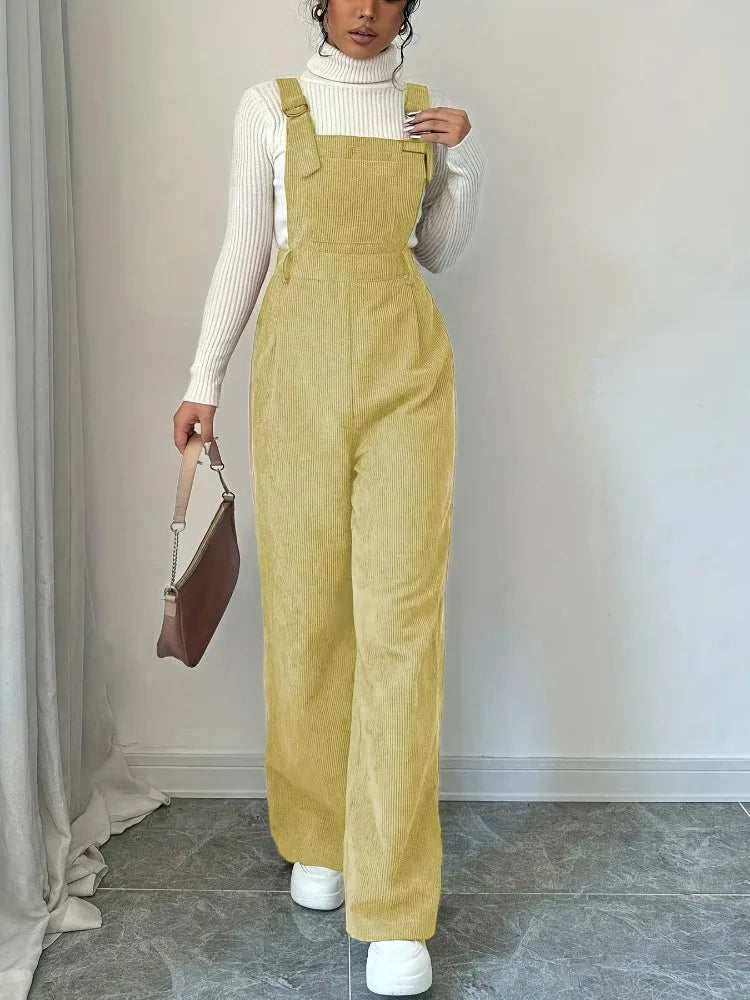 Women Casual Jumpsuit Corduroy Wide Shoulder Straps Button Detail Solid Color Relaxed Fit Autumn Winter Hand Wash Only