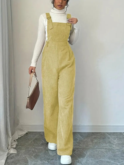 Women Casual Jumpsuit Corduroy Wide Shoulder Straps Button Detail Solid Color Relaxed Fit Autumn Winter Hand Wash Only