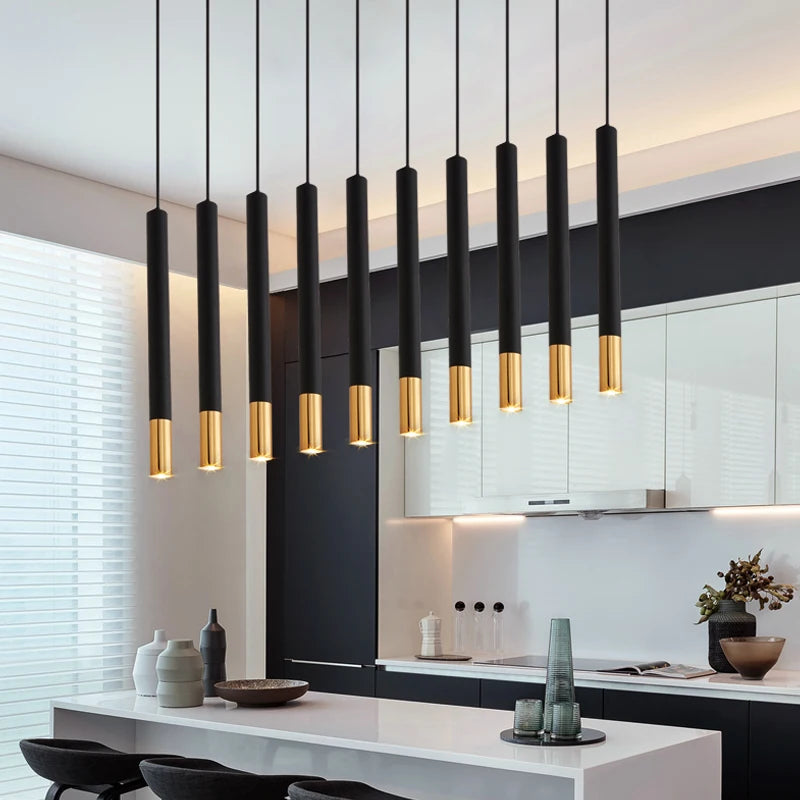 Cylinder Dimmable LED Pendant Lights Long Tube Lamps Dining Room Shop Bar Decoration Cord Pendant Lamp Background Wall Lighting