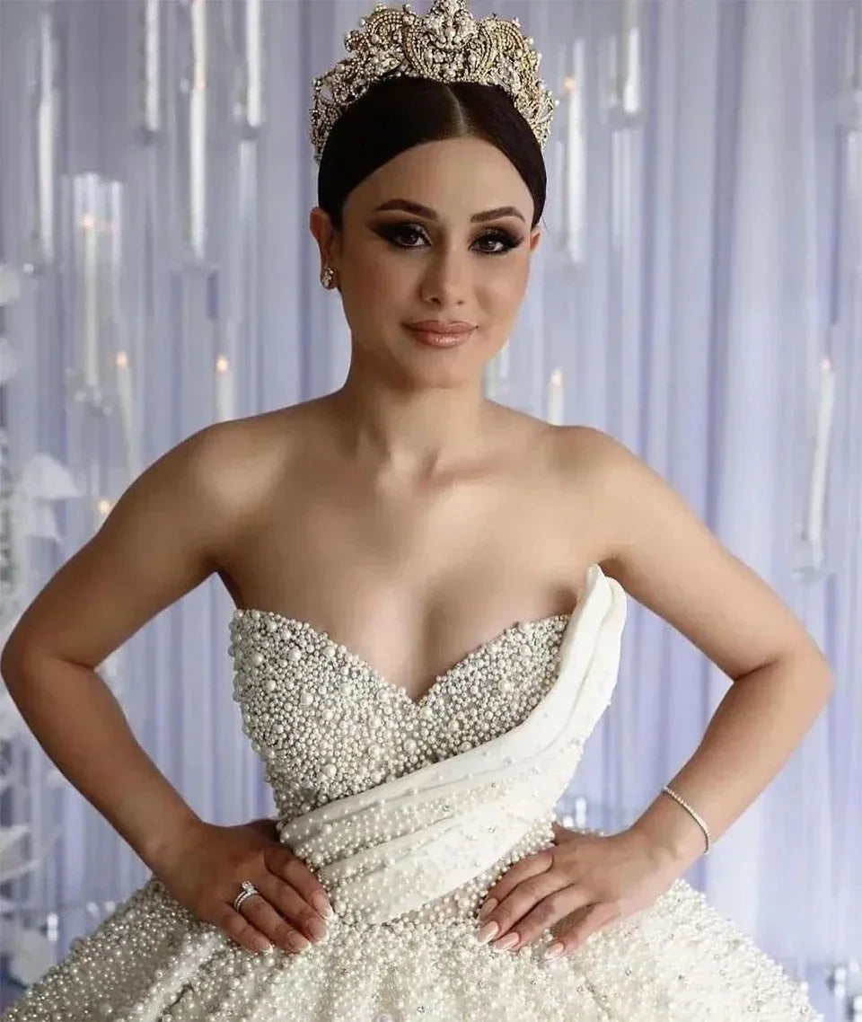 2026 Dubai Luxury Pearls Beading Sweetheart Ball Gown Wedding Dresses Princess Sleeveless Bride Gowns Vestido De Noiva Custom