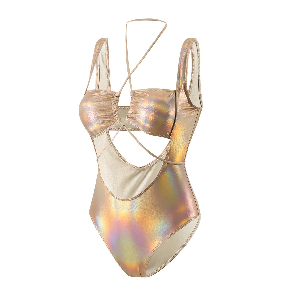Sexy Glitter Metallic Halter Swimsuit One Piece Hollow Out Tie Bikinis Swimwear Bodysuits Women Biquini Bathing Suits Tankini