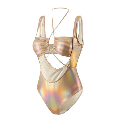 Sexy Glitter Metallic Halter Swimsuit One Piece Hollow Out Tie Bikinis Swimwear Bodysuits Women Biquini Bathing Suits Tankini