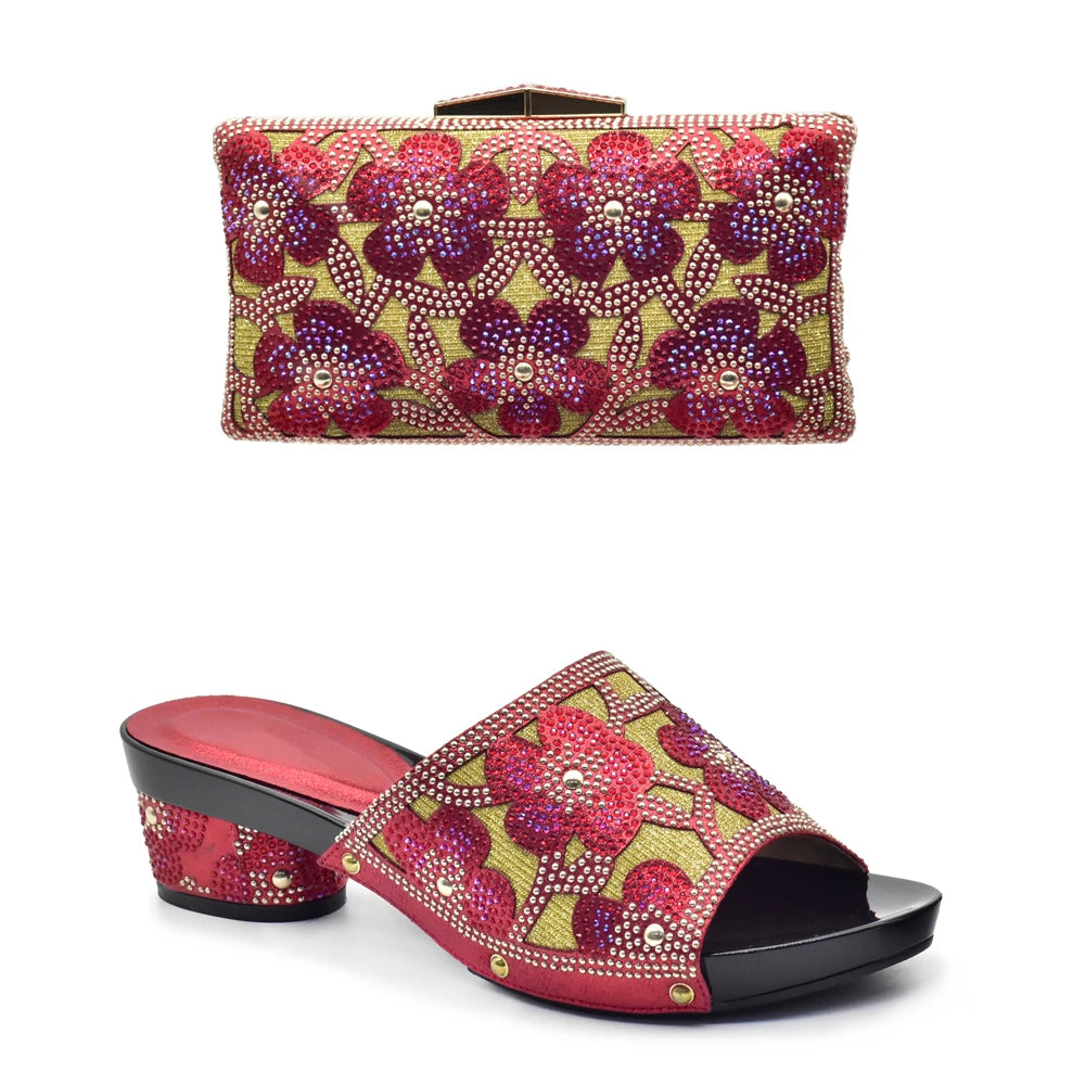 New Arrival Green Color Nigerian Shoes and Matching Bags Set Italian Ladies Shoes and Bags To Match Set Decorated with Rhinstone