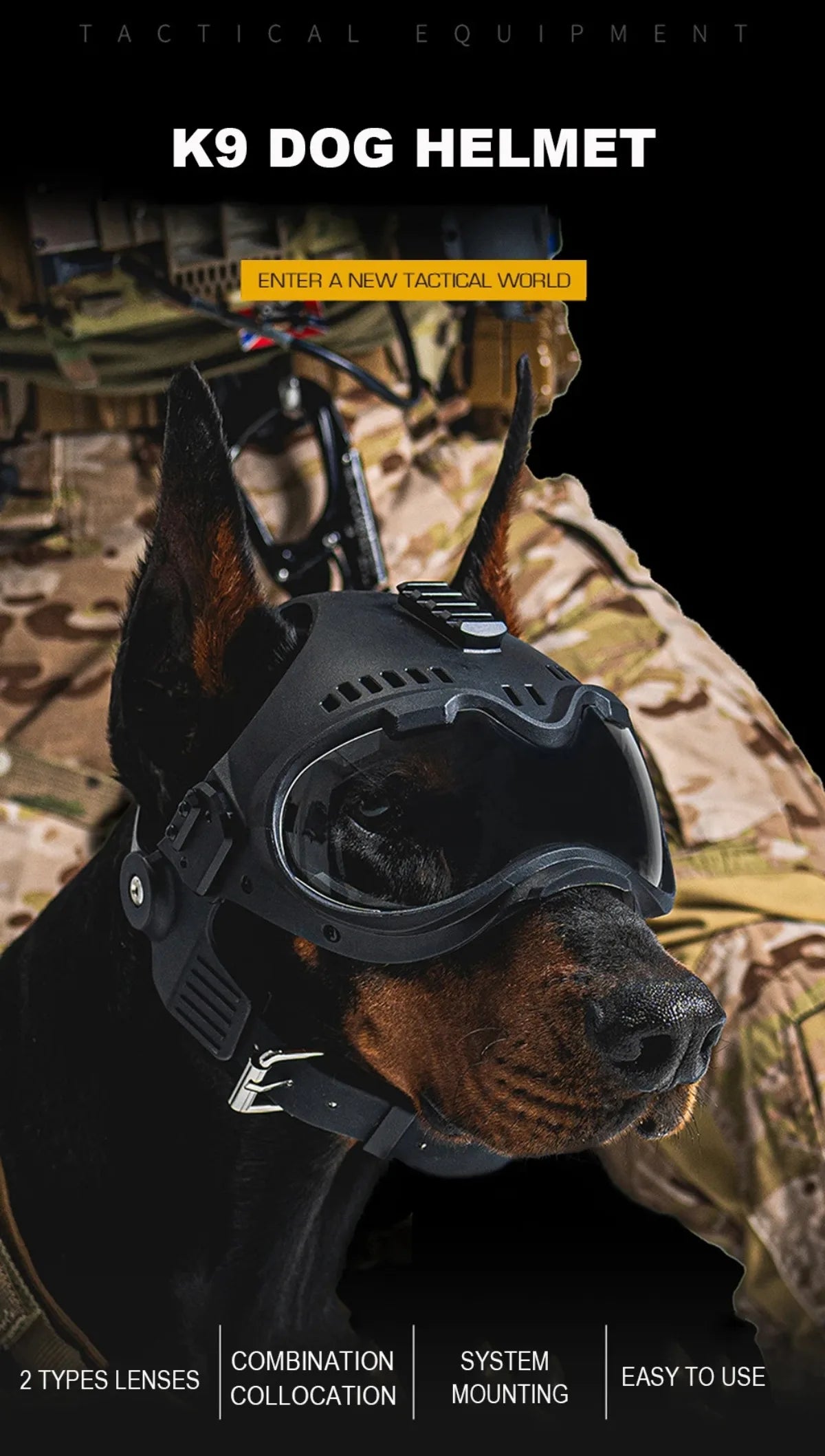ATUBAN Tactical Dog Military Hunting Training K9 Helmet, Large Dog Patrol Dogs Sheepdog Pet Motorcycle Protective Helmet Goggles