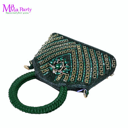 Gold Color New Arrivals Italian Design Nigerian Women Shoes and Bag Set Pointed Toe Slipper with Shinning Crystal for Party