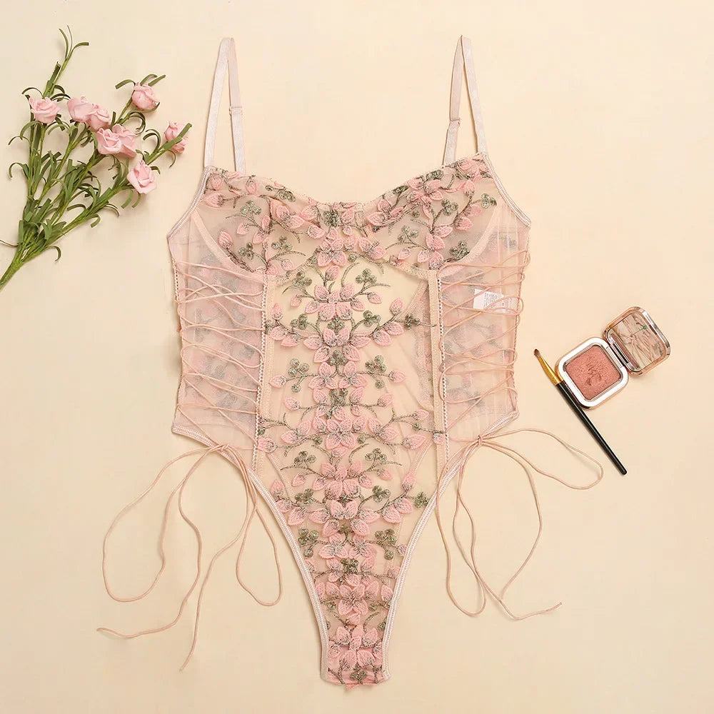 Porn Women Bandage Floral Embroidery Lace See Through Bodysuit String Lace Up Sexy Lingerie Romper Teddies Femme