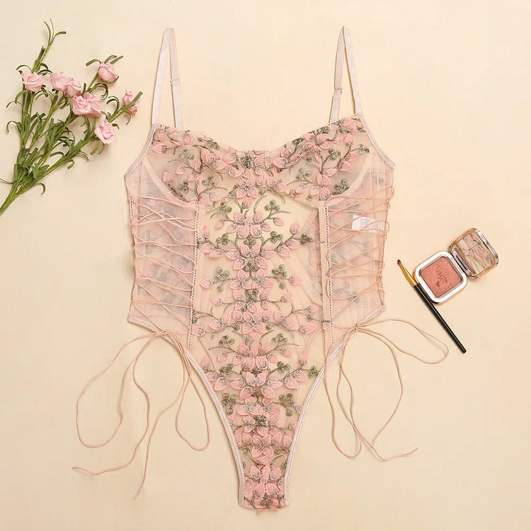 Porn Women Bandage Floral Embroidery Lace See Through Bodysuit String Lace Up Sexy Lingerie Romper Teddies Femme
