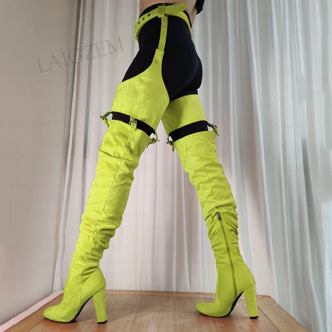 LAIGZEM Women Thigh High Chap Boots Round Toe Side Zip Faux Suede Waist Belted Thick Heels Boots Shoes Woman Big Size 39 45 52