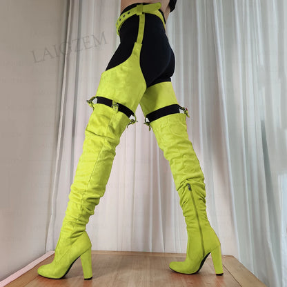 LAIGZEM Women Thigh High Chap Boots Round Toe Side Zip Faux Suede Waist Belted Thick Heels Boots Shoes Woman Big Size 39 45 52