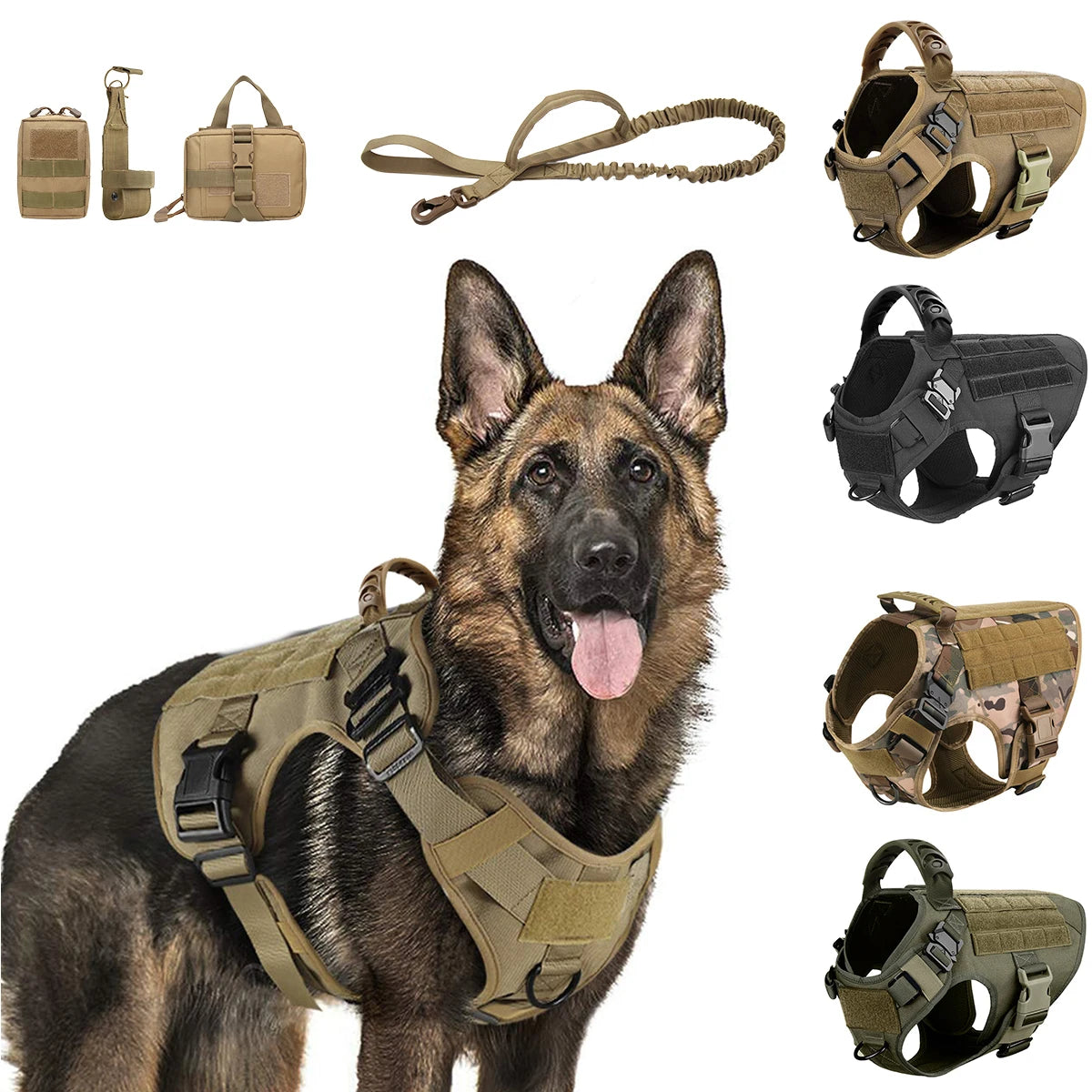 Dog Harness for Large Dogs Leash Collar Molle Pouch Military Harnesses French Bulldog Pet Tactical Training Vest Dog Accessories