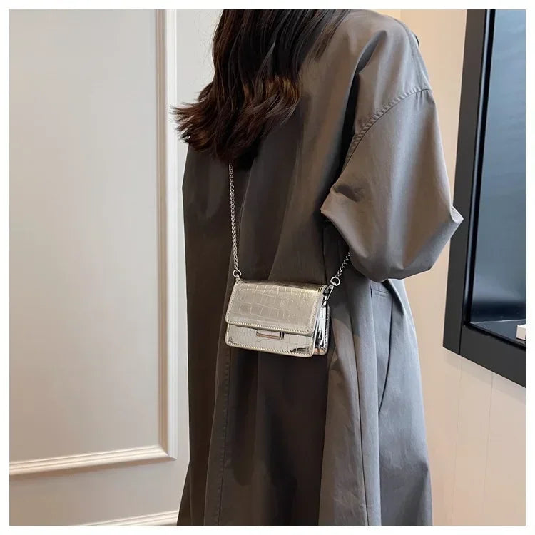 Vintage Women Silver Chic Crossbody Bag Luxury Designer Small Shoulder Bags Fashion Gold Mini Square Cute Pu Leather Handbag