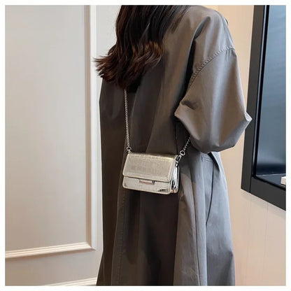Vintage Women Silver Chic Crossbody Bag Luxury Designer Small Shoulder Bags Fashion Gold Mini Square Cute Pu Leather Handbag
