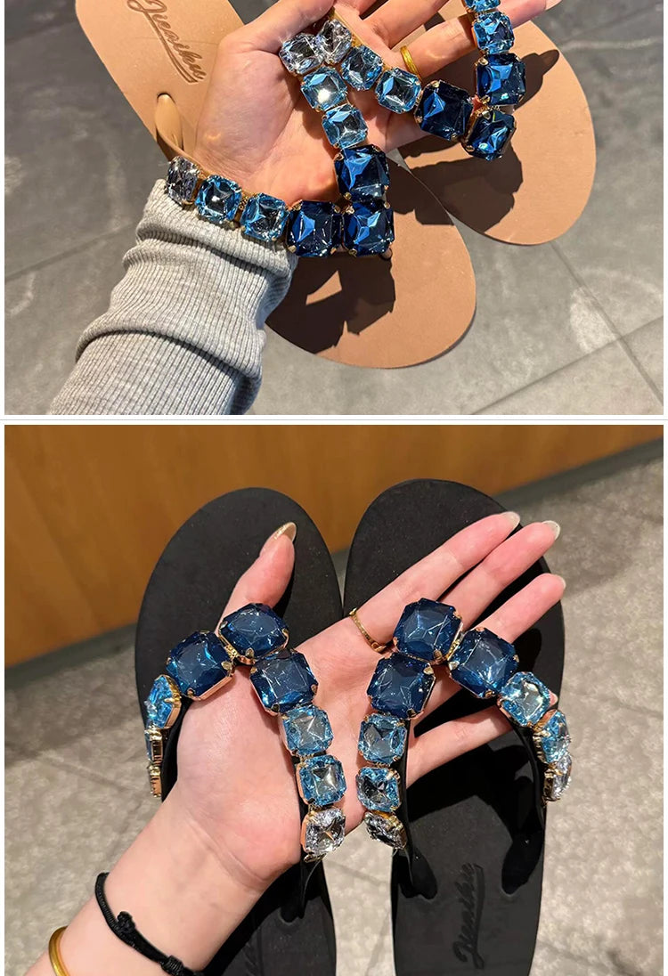 Square Rhinestone Flip-Flops Popular in Ins Summer Blingbling Star Street Shooting Slope Heel Slippers Women Flat Beach Slippers
