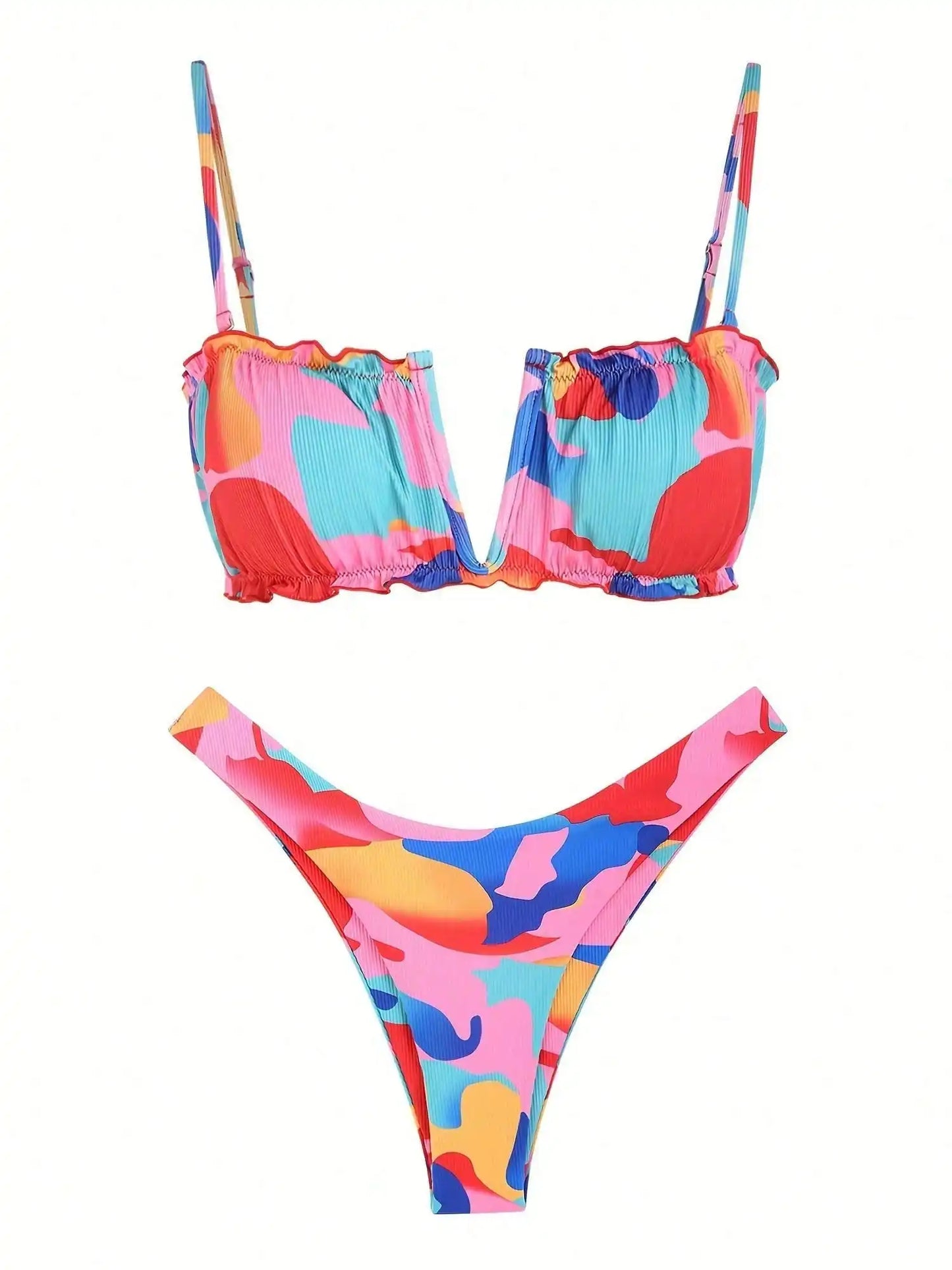 2026 New Colorful Camo Ribbed Bikini Set, Scallop Trim Deep V Bandeau Top Adjustable Thin Strap High Cut Bathing Suit
