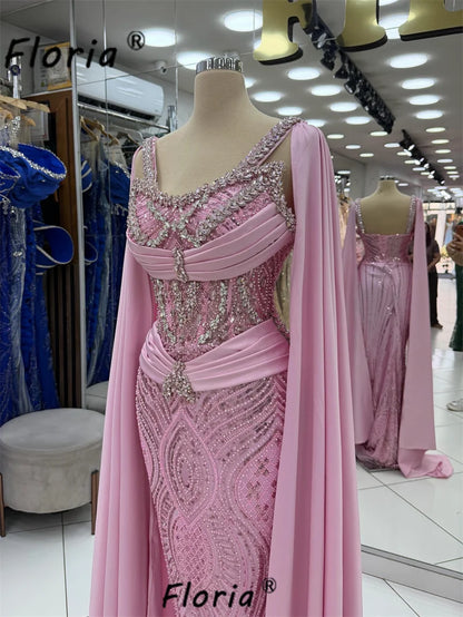 2026 Luxury Pink Mermaid Evening Gown with Chiffon Cape Heavy Rhinestone Beaded Floor Length Formal Gala Woman Wedding Dress