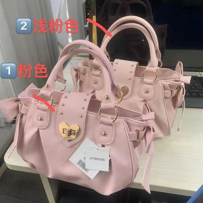 Harajuku Bow Pink Hand Bag Purse Women Japanese Style Soft Casual Crossbody Bag Ladies Sweet Cute Large Capacity Shoulder Bags