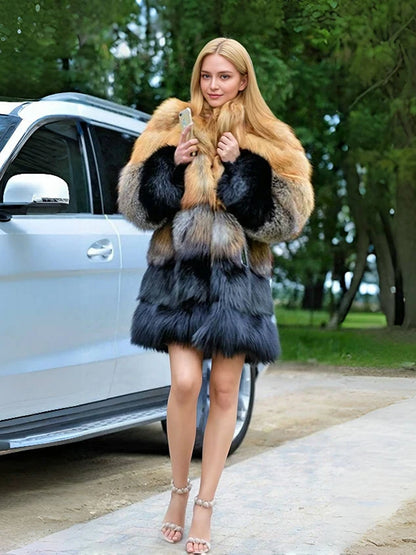 Women Winter Faux Fur Fox Coats mid-length Jackets Furry Outerwear Party Gradient splicing design Thick Warm Coats