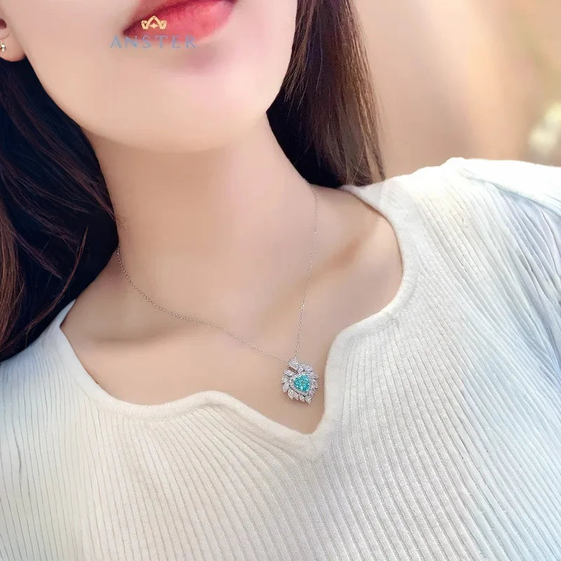 Women Diamonds Pendant Necklaces Charms 925 Silver Lab Paraiba Jewelry