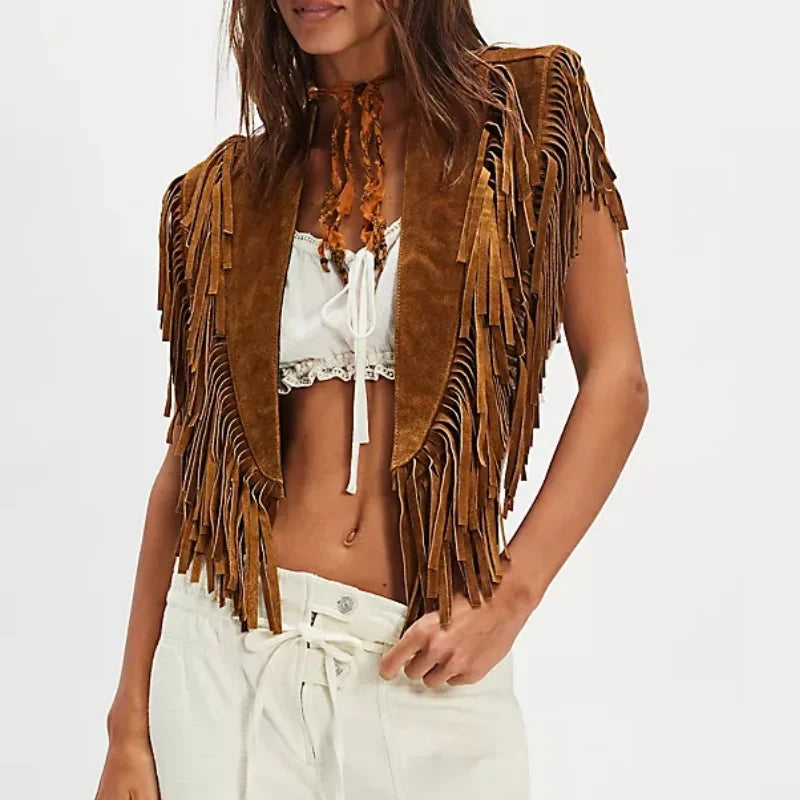 Women Tassel Vest Y2K Sleeveless Fringe Wide Eyes Suede Collar Shawl Open Front Boho Western Jacket Cardigan
