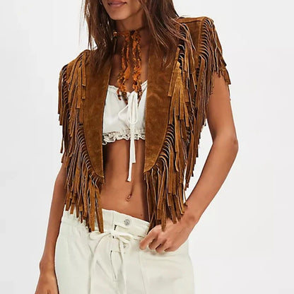 Women Tassel Vest Y2K Sleeveless Fringe Wide Eyes Suede Collar Shawl Open Front Boho Western Jacket Cardigan