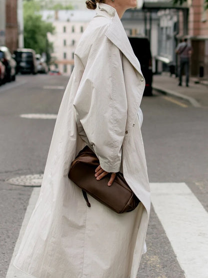 Convertible Collar Oversized Maxi Trench Coat Women Snap Buttons Dolman Sleeve Patch Pockets Outerwear New Ladies Trench Jacket