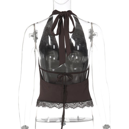 Dulzura Summer Fashion Sexy Halter Backless Lace Up Lace Ruffles Swinging Collar Vest Women'S Casual Y2K Top Party Club Clothes
