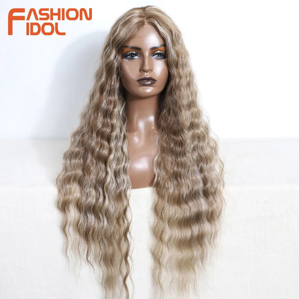 FASHION IDOL 30inch/75cm Water Wave Lace Wigs Synthetic Curly Lace Front Wigs Cosplay Ombre Blonde Hair Wigs For Black Women