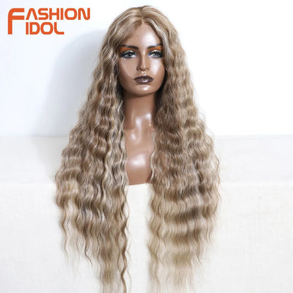 FASHION IDOL 30inch/75cm Water Wave Lace Wigs Synthetic Curly Lace Front Wigs Cosplay Ombre Blonde Hair Wigs For Black Women