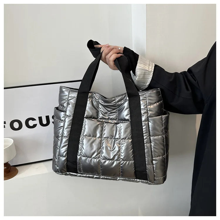 Space Padded Women Shoulder Bags For Winter 2025 Large Capacity Black Handbags Designer Nylon Cotton Warm Tote Solid