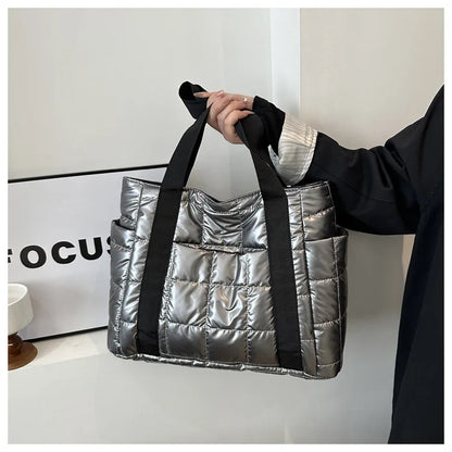Space Padded Women Shoulder Bags For Winter 2025 Large Capacity Black Handbags Designer Nylon Cotton Warm Tote Solid