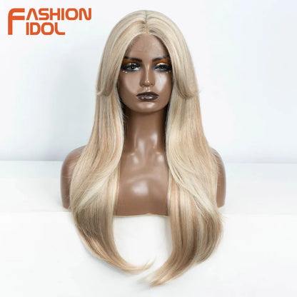 FASHION IDOL 26inch/65cm Straight Hair Lace Front Wigs Synthetic Hair Ombre Blonde Brown Hair Wigs Cosplay Heat Resistant Fiber