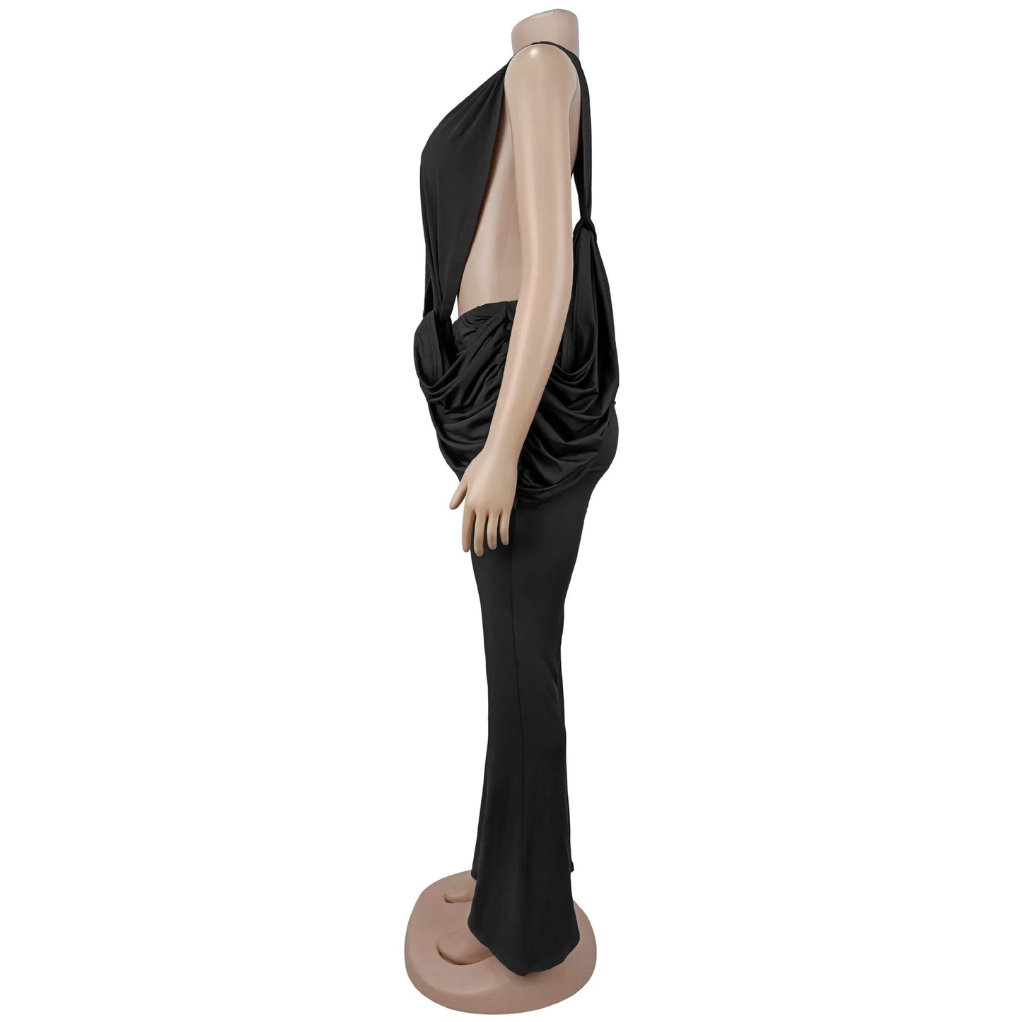 HLJ Sexy Solid Color Bodycon Jumpsuits Women Halter Deep V Neck High Waist Ruched Flare Rompers Party Club Streetwear Overalls